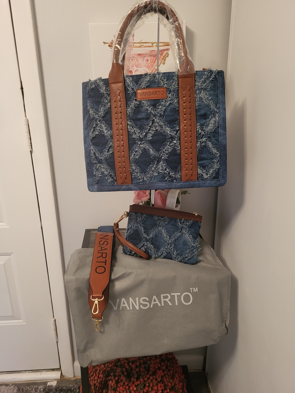 Blue Distressed Denim Tote with Brown Vegan Trim 3 Piece Set  13.5" X 10.5" X 5"